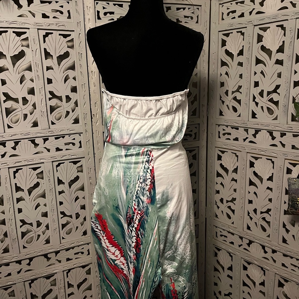 SPRING FEVER WHITE GREEN RED & ANIMAL PRINT STRAPLESS WIDE LEG PLUS JUMPSUIT - Picture 11 of 13